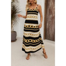 Kendim Fashion Kadın Ip Askılı Geniş V Yakalı Desenli Süprem Elbise