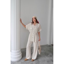 Kendim Fashion Keten Belden Büzgü Detaylı Gömlek - Pantolon Takım - Taş