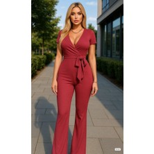 Kendim Fashion Kadın Kruvaze Yaka Kısa Kollu Kuşaklı Tulum