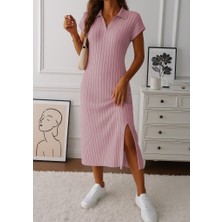 Kendim Fashion Kadın Kısa Kollu Yakalı Yandan Yırtmaçlı Kalın Fitilli Kaşkorse Elbise