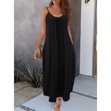 Kendim Fashion Kadın Ip Askılı Geniş V Yakalı Viskon Elbise