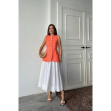 Kendim Fashion Jakar Keten Yelek Belden Oturtmalı Gold Düğmeli - Orange