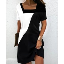 Kendim Fashion Kadın Kısa Kollu Kare Yaka Parçalı Desen Dalgıç Elbise