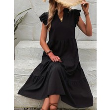 Kendim Fashion Kadın Kısa Kollu V Yakalı Geniş Kesim Uzun Trikoton Elbise