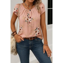 Kendim Fashion Kadın Kısa Kollu Bisiklet Yaka Çiçek Baskılı Süprem Bluz