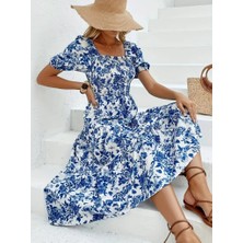 Kendim Fashion Kadın Kısa Kollu Kare Yakalı Lastikli Desenli Süprem Elbise