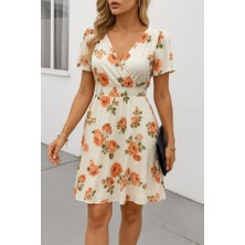 Kendim Fashion Kadın Kısa Kollu Kruvaze Yakalı Desenli Süprem Kısa Elbise