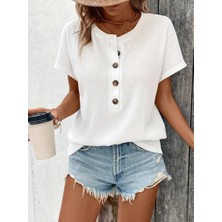 Kendim Fashion Kadın Kısa Kollu Yakası Açık Önden Düğmeli Waffle Bluz