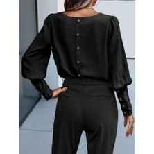 Kendim Fashion Kadın Uzun Kollu Yuvarlak Yakalı Düğmeli Ithal Krep Bluz