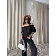 Kendim Fashion Keten Madonna Yaka Kol Hasır Şerit - Pantolon Takım - Siyah