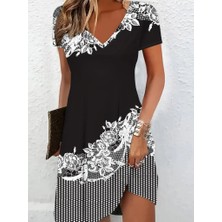 Kendim Fashion Kadın Kısa Kollu V Yakalı Çiçek Baskılı Süprem Elbise