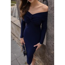 Kendim Fashion Kadın Uzun Kollu Madonna Yaka Düğüm Büzgü Detay Maxi Boy Elblbise