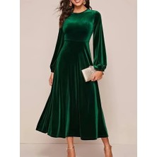 Kendim Fashion Kadın Uzun Kollu Bisiklet Yaka Midi Kadife Elbise