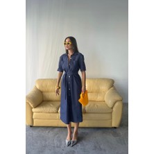 Kendim Fashion Tencel Önden Düğmeli Kısa Kol Elbise - Mavi