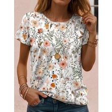 Kendim Fashion Kadın Kısa Kollu Bisiklet Yaka Çiçek Desenli Viskon Bluz