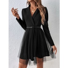 Kendim Fashion Kadın Uzun Kollu Yakalı Belinde Kemer Detaylı Mini Tüllü Ithal Krep Elbise