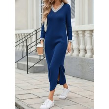 Kendim Fashion Kadın Uzun Kollu V Yakalı Yanlardan Yırtmaçlı Uzun Viskon Iki Iplik Elbise