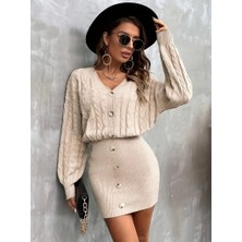 Kendim Fashion Kadın Uzun Kollu V Yakalı Önden Düğmeli Kısa Triko Elbise