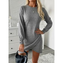 Kendim Fashion Kadın Uzun Kollu Bisiklet Yaka Önden Asimetrik Kesim Detaylı Mini Yumoş Elbise