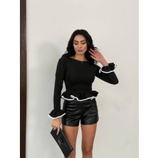 TRENDHAZAN Fırfırlı Slim-Fit Dalgıç Kumaş Ince Mevsimlik Crop / Bluz