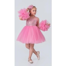 Mnk Baby & Kids Şifon Robalı Kız Çocuk Kabarık Etek Tütülü Abiye Şeker Pembe Düğün İçin Trend