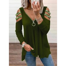 Moderie Butik Kadın Haki Kolları Taş Işlemeli Uzun Kol Fermuarlı Viskon Bluz