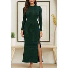 Moderie Butik Kadın Uzun Kollu Bisiklet Yaka Taşlı Midi Kadife Elbise