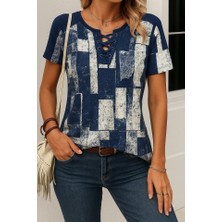 Kendim Fashion Kadın Kısa Kollu Yakası Bağcıklı Kuş Gözü Detay Süprem Bluz