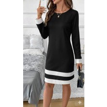 Moderie Butik Kadın Uzun Kollu Yuvarlak Yaka Etek Ucu Şerit Detaylı Mini Siyah Beyaz Dalgıç Elbise