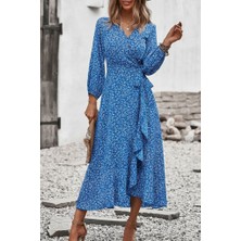 Moderie Butik Kadın Uzun Kollu Kruvaze Yaka Yandan Bağlamalı Önden Fırfır Detaylı Süprem Uzun Elbise