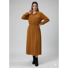 Moderie Butik Kadın Uzun Kollu Beli Lastik ve Düğme Detay Gömlek Elbise