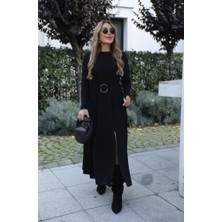 Moderie Butik Kadın Uzun Kollu Bisiklet Yaka Önden Halka Detaylı Yırtmaçlı Uzun Viskon Iki Iplik Elbise