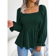 Moderie Butik Kadın Uzun Kollu Geometrik Yakalı Gipe Detaylı Krep Bluz