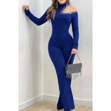 Moderie Butik Kadın Tek Omuzdan Açık Balıkçı Yaka Taş Detaylı Uzun Ithal Krep Tulum
