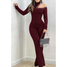 Moderie Butik Kadın Tek Omuzdan Açık Balıkçı Yaka Taş Detaylı Uzun Ithal Krep Tulum