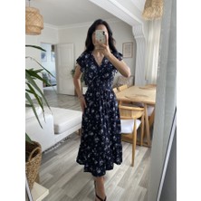 Moderie Butik Kadın Kısa Kollu Kruvaze Yakalı Beli Lastikli Çiçek Desenli Elbise