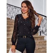 Moderie Butik Kadın Uzun Kollu V Yakalı Dantelli Taşlı Sandy Bluz