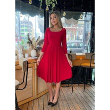 Moderie Butik Kadın Kare Yaka Truvakar Kol Fırsat Ürün Midi Boy Elbise