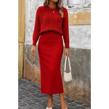 Moderie Butik Kadın Uzun Kollu Balıkçı Yaka Bluz ve Etek Ikili Triko Takım