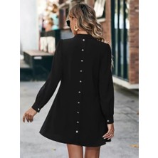 Nidam Butik Kadın Uzun Kollu V Yakalı Arkadan Düğmeli Mini Ithal Krep Elbise