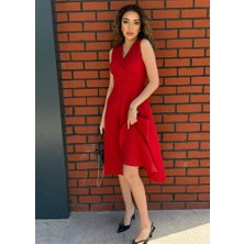 Moderie Butik Kadın Ithal Krep Kumaş Kruvaze Yaka Eteği Kloş Kolsuz Mini Elbise