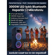 FaroxTech Kamp – Parti – Karaoke Için Dev Speaker | 3000W LED Işıklı Bluetooth Hoparlör | 2 Mikrofonlu