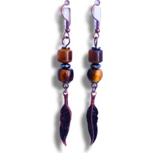 Kaplan Gözü ve Hematit Taşlı Kartal Tüyü Detaylı Bakır Renk Sallantılı Kadın Küpe