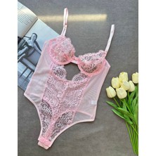 Hama Love Pembe Dantelli Bodysuit İç Çamaşır Takımı