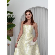Nils Butik Çiçek Desenli Askılı Ingiliz Bej Keten Kumaş Cindrella Uzun Elbise