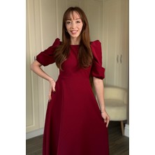 Dilay Gökoğlu Butik Balon Kol Midi Bordo Elbise