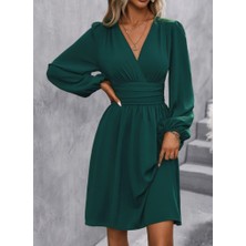 Mç Plus Kadın Uzun Kollu Kruvaze Yakalı Bel Korsajlı Mini Elbise