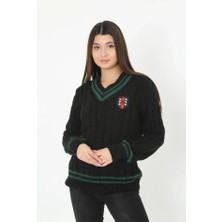 Equri V Yaka Örgülü Kazak - Siyah