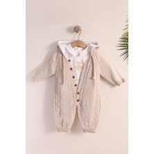 Kidello Bej Örme Erkek Bebek Kapüşonlu Uzun Tulum