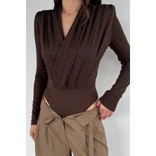 Gülseli Taşlı Kravuze Yaka Vatkalı Bodysuit P-00019762